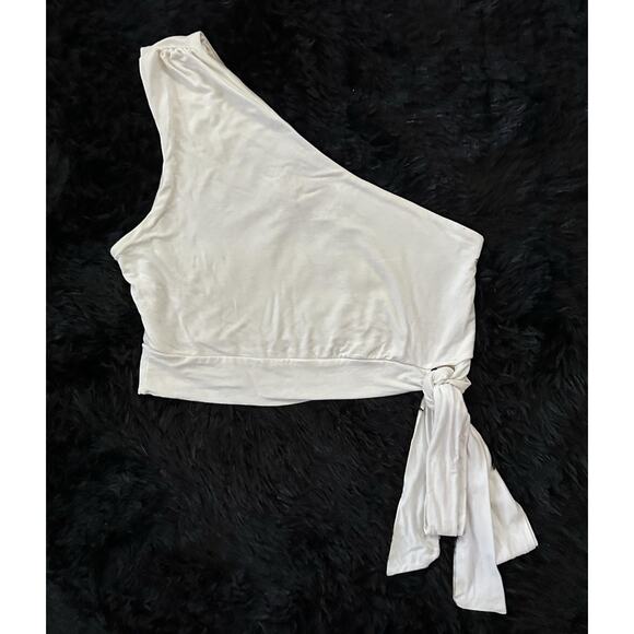 Final Touch One Shoulder Crop Top White Tie Waist Front Womens Size Medium Rayon - Picture 1 of 9